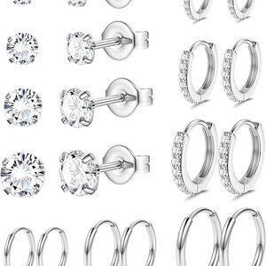 10 Pairs Hypoallergenic Surgical Steel Earrings Set for Multiple Piercings, Silv